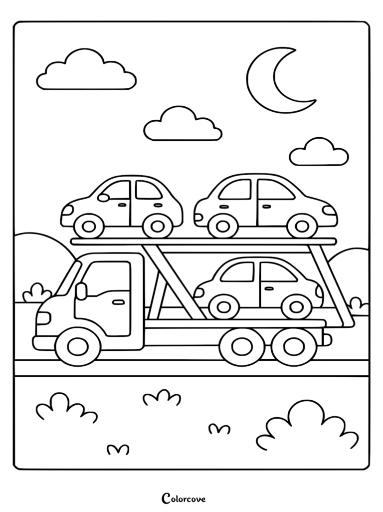 Simple truck carrying three small sedan cars on a double-decker trailer under a crescent moon and clouds, coloring page for kids.