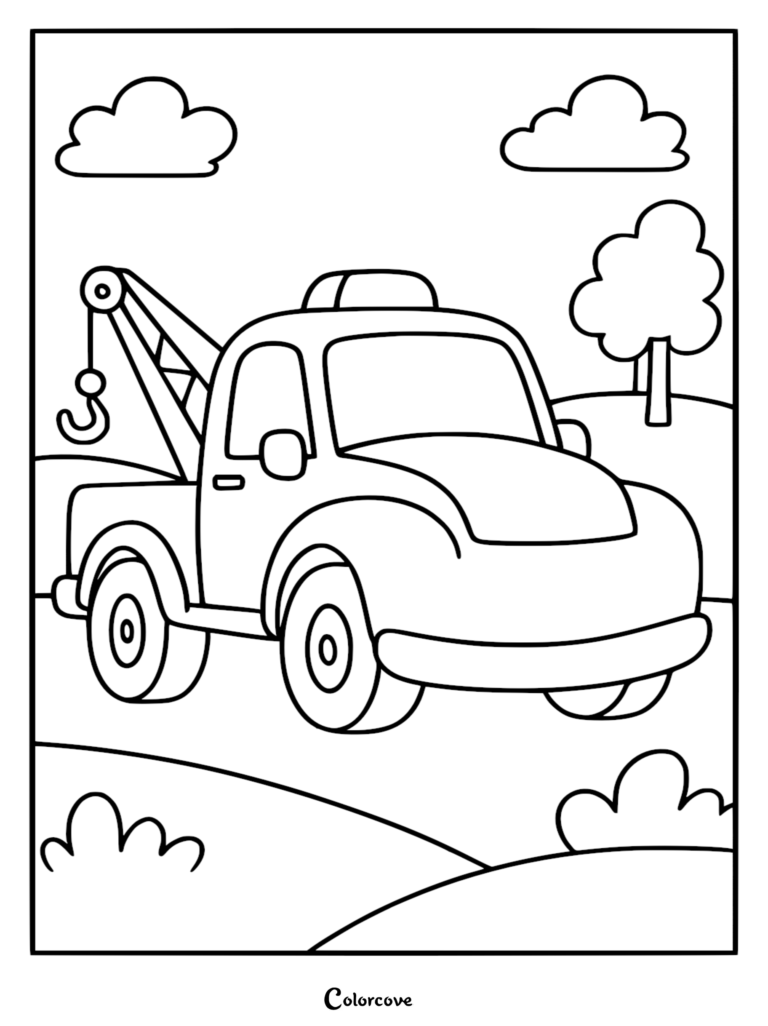 A simple truck coloring page featuring a cartoon-style tow truck with a crane hook, parked on a hillside with fluffy clouds and a single tree.