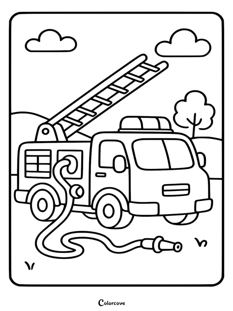 Simple fire truck coloring page featuring a ladder, hose, and clouds in a peaceful outdoor setting.