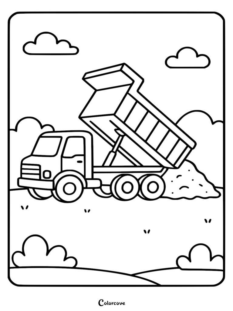 Simple dump truck with bed raised, unloading a pile of dirt in a grassy field with clouds, coloring page for kids.