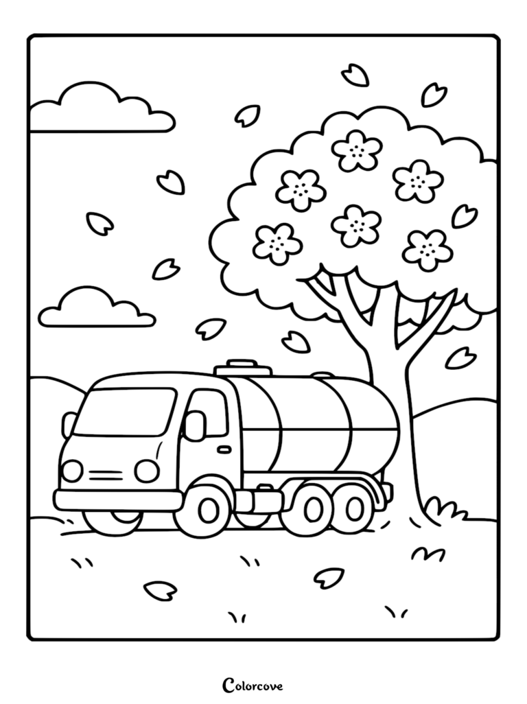 A simple truck with a large cylindrical tank parked under a blooming cherry blossom tree with falling petals, coloring page for children.