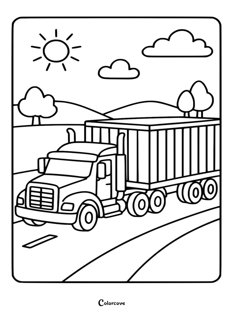 Simple semi-truck driving on a road with a sun and clouds in the background, outline style coloring page.