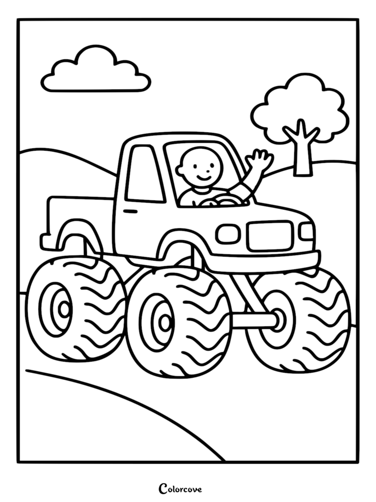 Simple monster truck coloring page featuring a cartoon driver waving from behind the wheel in a field with a tree and cloud.