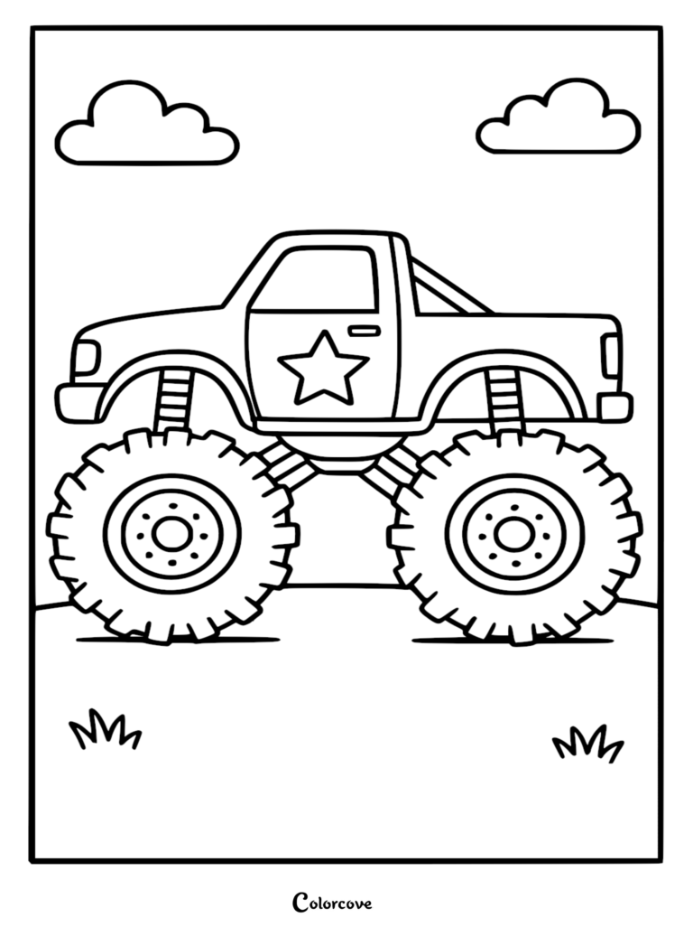 Simple monster truck coloring page featuring a truck with large tires, a star decal on the door, and fluffy clouds in the sky.