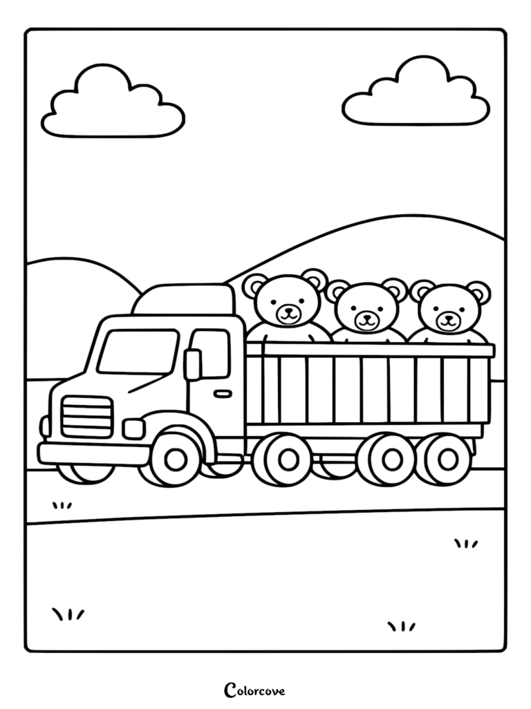 A simple truck carrying three teddy bears in the back, line art coloring page with clouds and hills in the background.