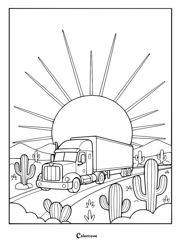 Simple truck driving on a desert road at sunrise with saguaro cacti, coloring page for kids