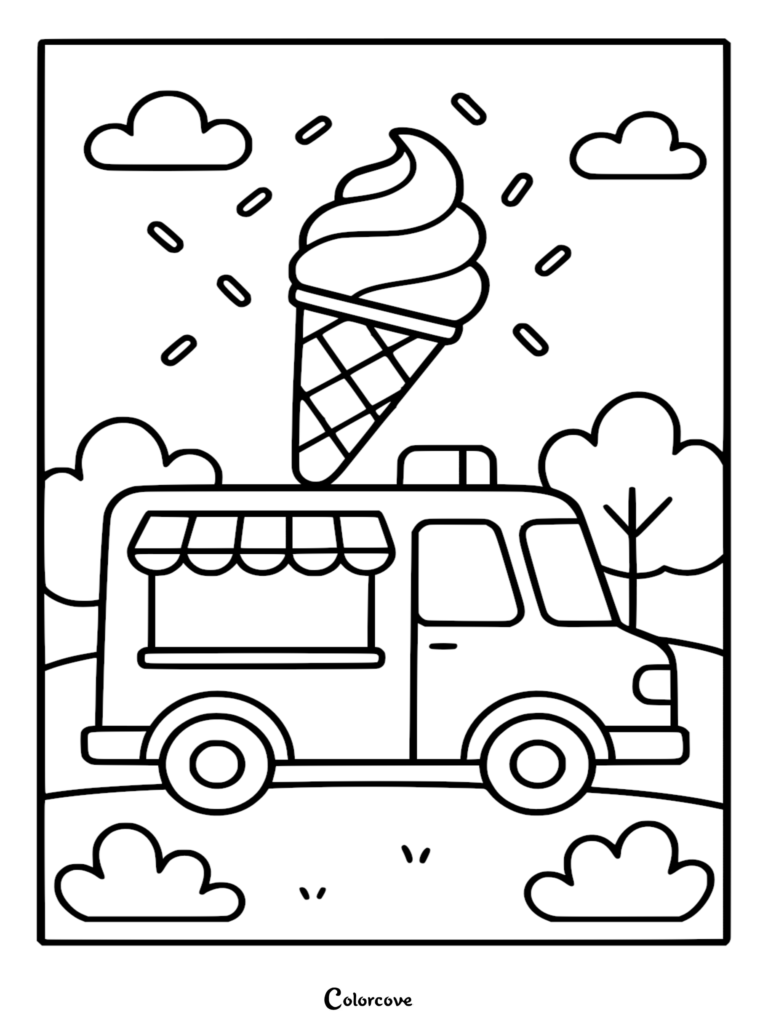 Simple ice cream truck coloring page featuring a large soft serve cone on the roof, surrounded by clouds and trees in a park.