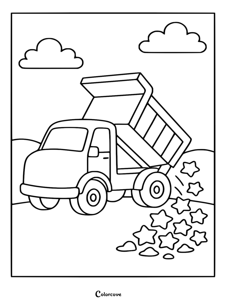 A simple dump truck coloring page dumping a pile of star-shaped rocks under a cloudy sky.