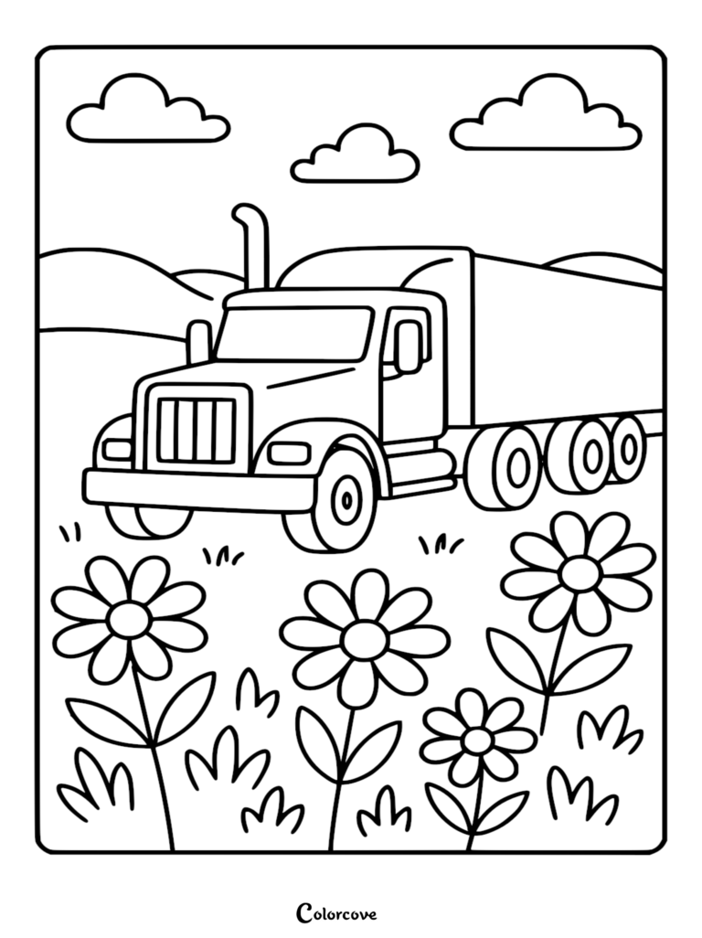 A simple truck coloring page featuring a semi-truck driving through a field of large daisy flowers under a cloudy sky.