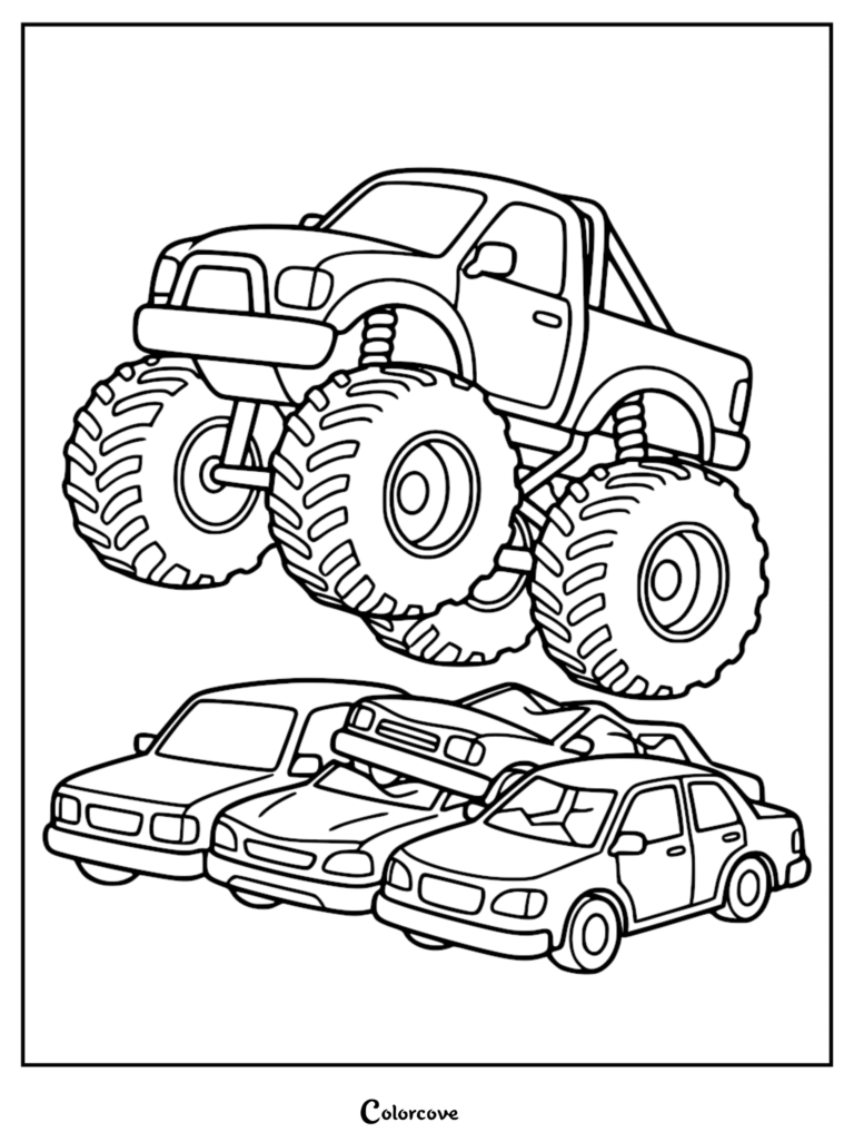 A simple coloring page featuring a large monster truck with oversized tires jumping over a pile of three smaller sedans.