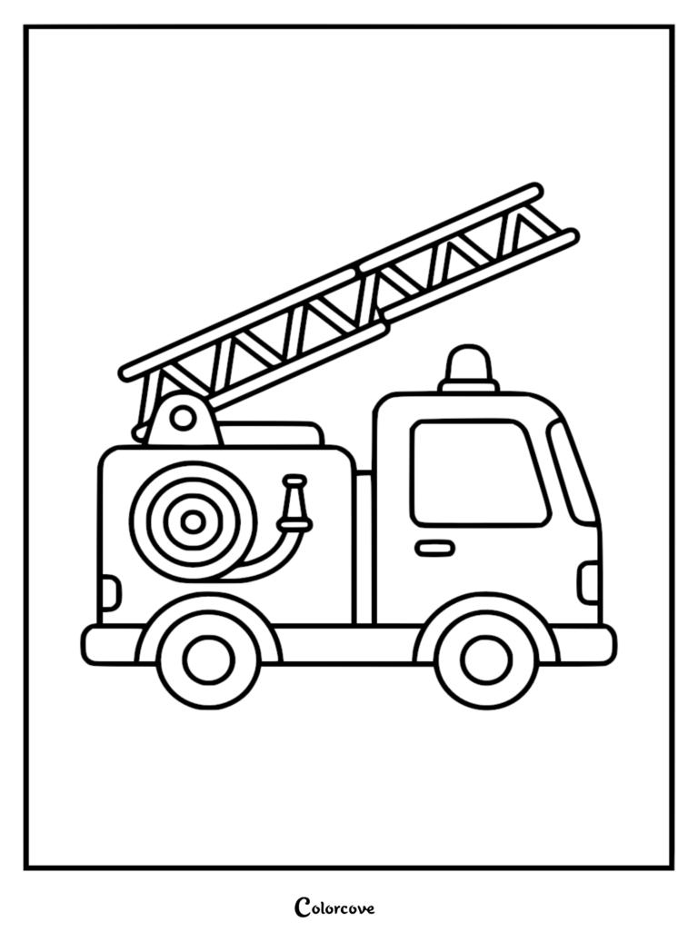 Simple fire truck coloring page featuring a cartoon-style vehicle with an extended ladder, coiled hose, and emergency light.