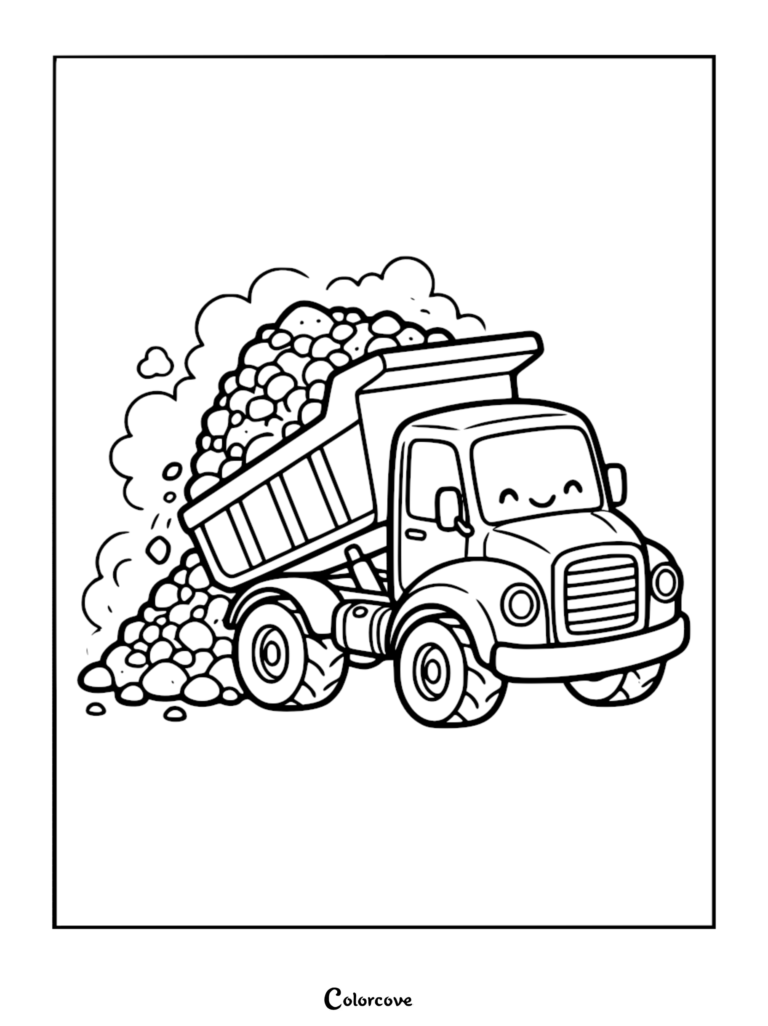 Simple truck with a cute smiling face dumping a large pile of rocks, line art coloring page.