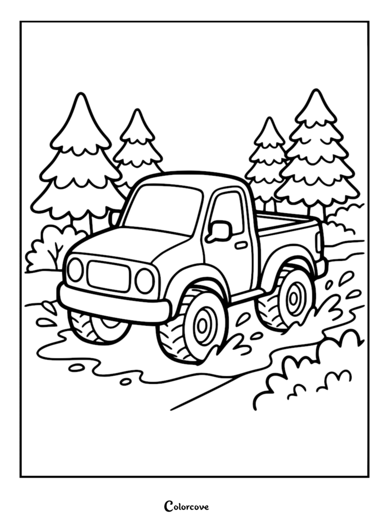 Simple truck driving through a muddy puddle in a forest, black and white line art coloring page.