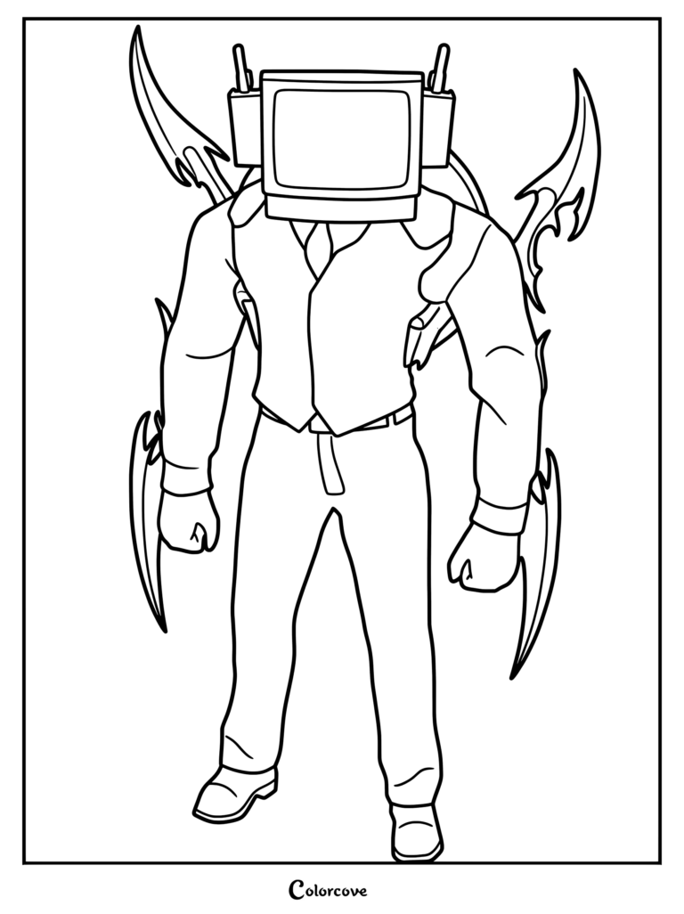 Dark TV Man with sharp metallic back blades in a coloring page format.