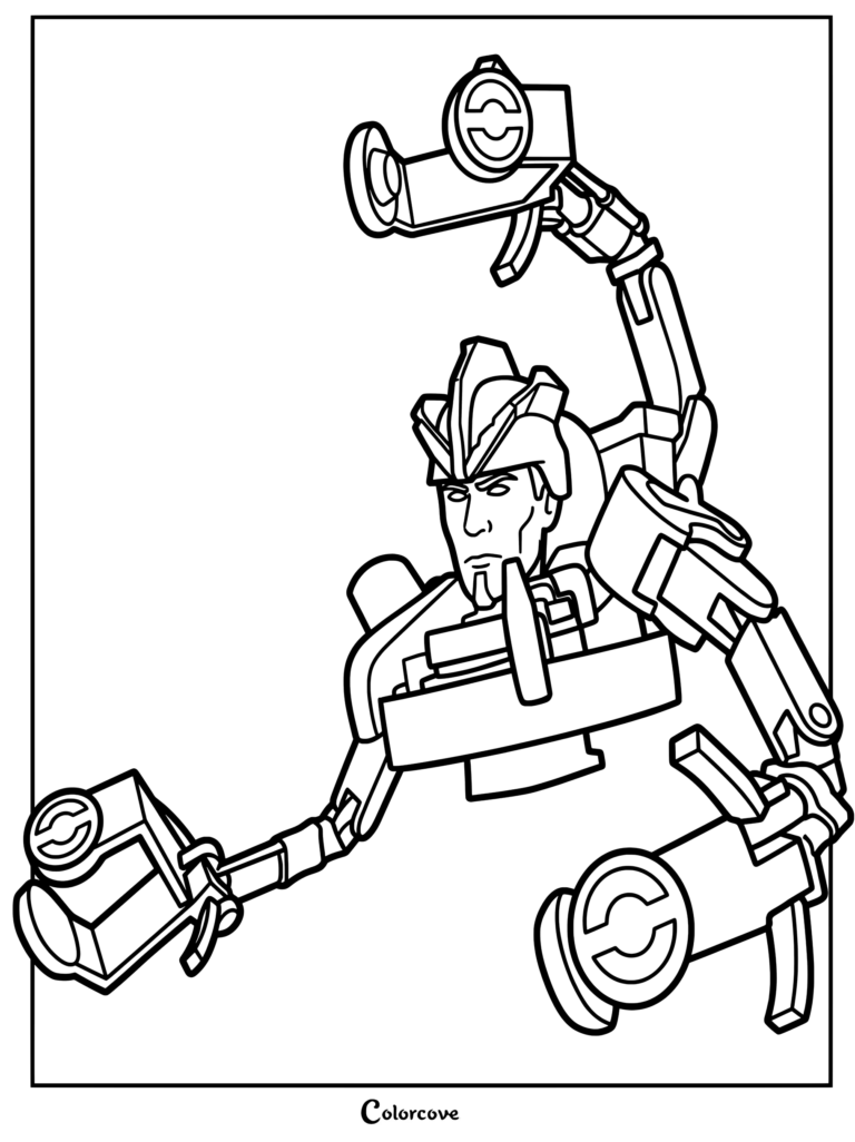Detainer Astro Toilet with mechanical arms and blasters in a detailed line art coloring page.