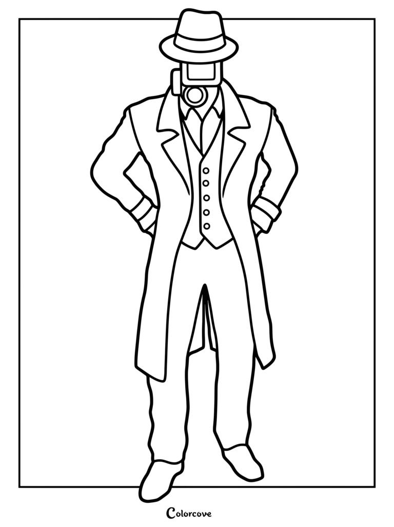 Detective Cameraman wearing a fedora and trench coat in this printable coloring page.