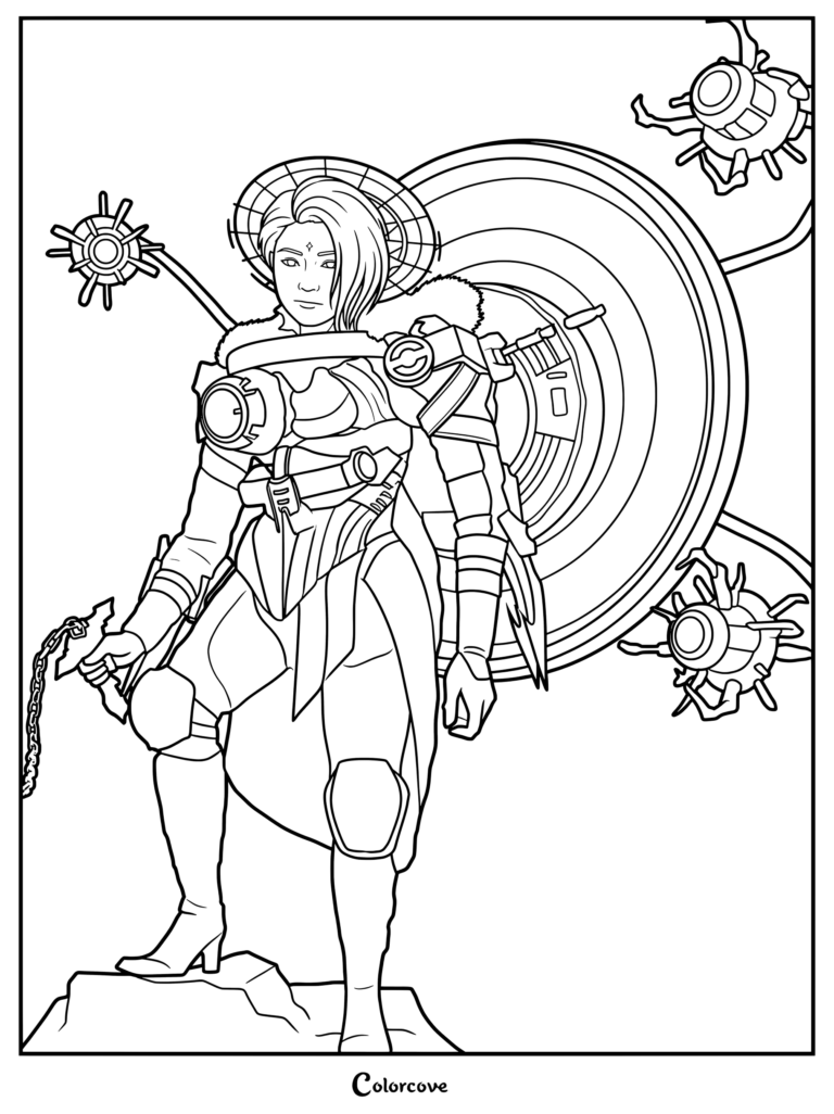 Duchess Astro Toilet character with halo and mechanical back ring in a detailed line art coloring page.