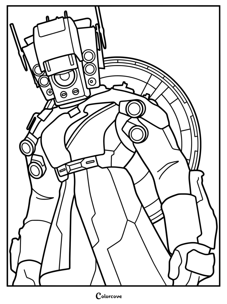 A detailed line art coloring page of Executor Speakerman featuring his signature speaker head and mechanical armor design.