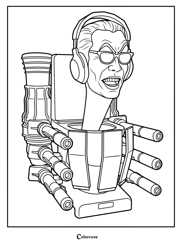 G-Man Toilet with headphones and multiple laser cannons in a detailed line art coloring page.