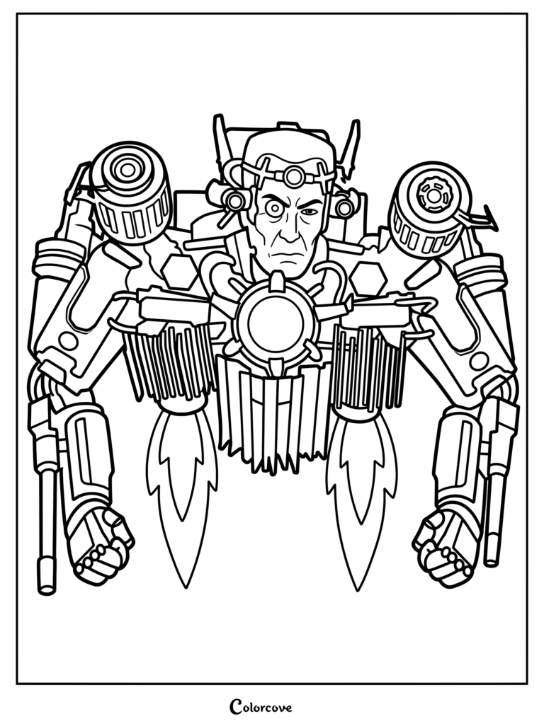 Detailed line art coloring page of G-Toilet featuring mechanical armor, shoulder cannons, and jet thrusters.