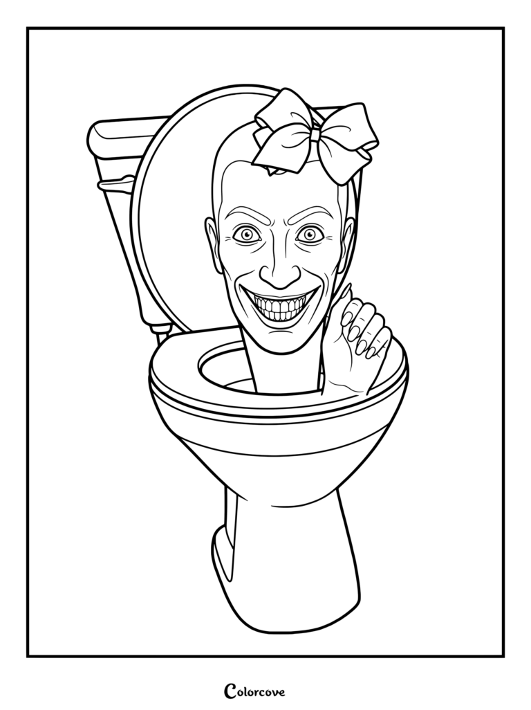 A Skibidi Toilet character wearing a large hair bow emerging from a toilet bowl, line art coloring page.
