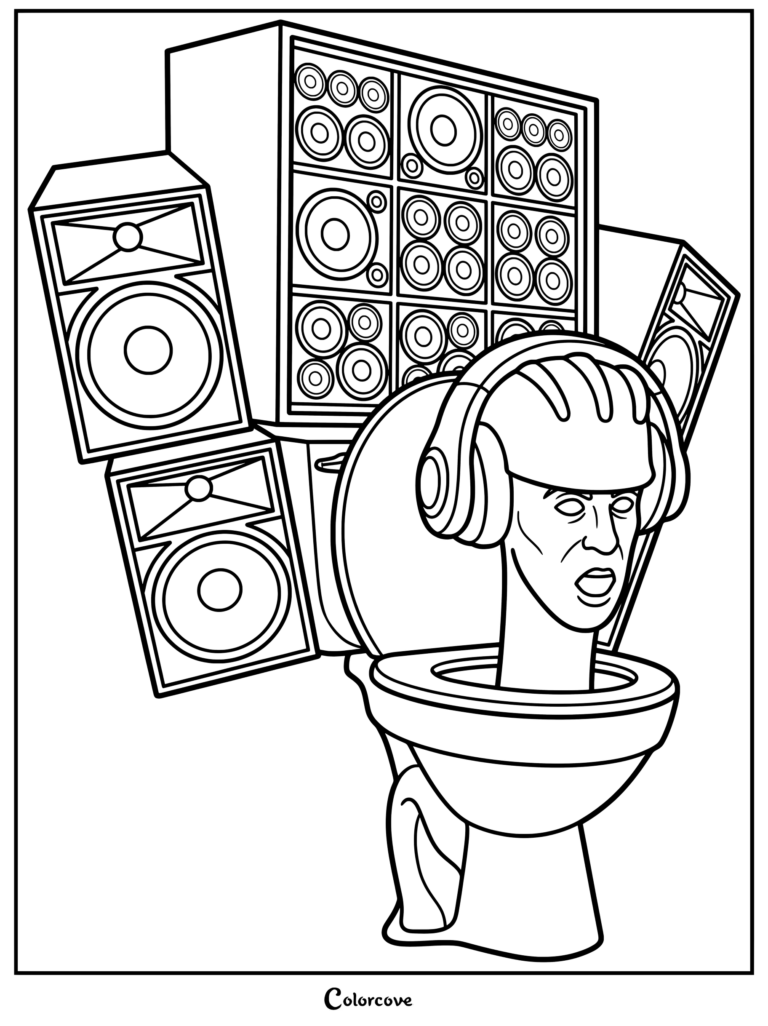 Giant Speaker Skibidi Toilet character with headphones and large audio speakers in a printable coloring page format.