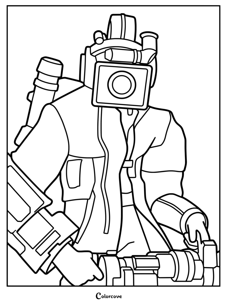 Heavy Large Cameraman from Skibidi Toilet wearing tactical gear and holding a weapon in this detailed line art coloring page.