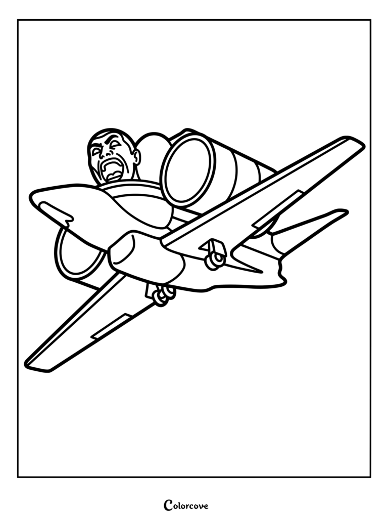 Airplane Skibidi Toilet coloring page featuring a character head emerging from a jet engine plane.