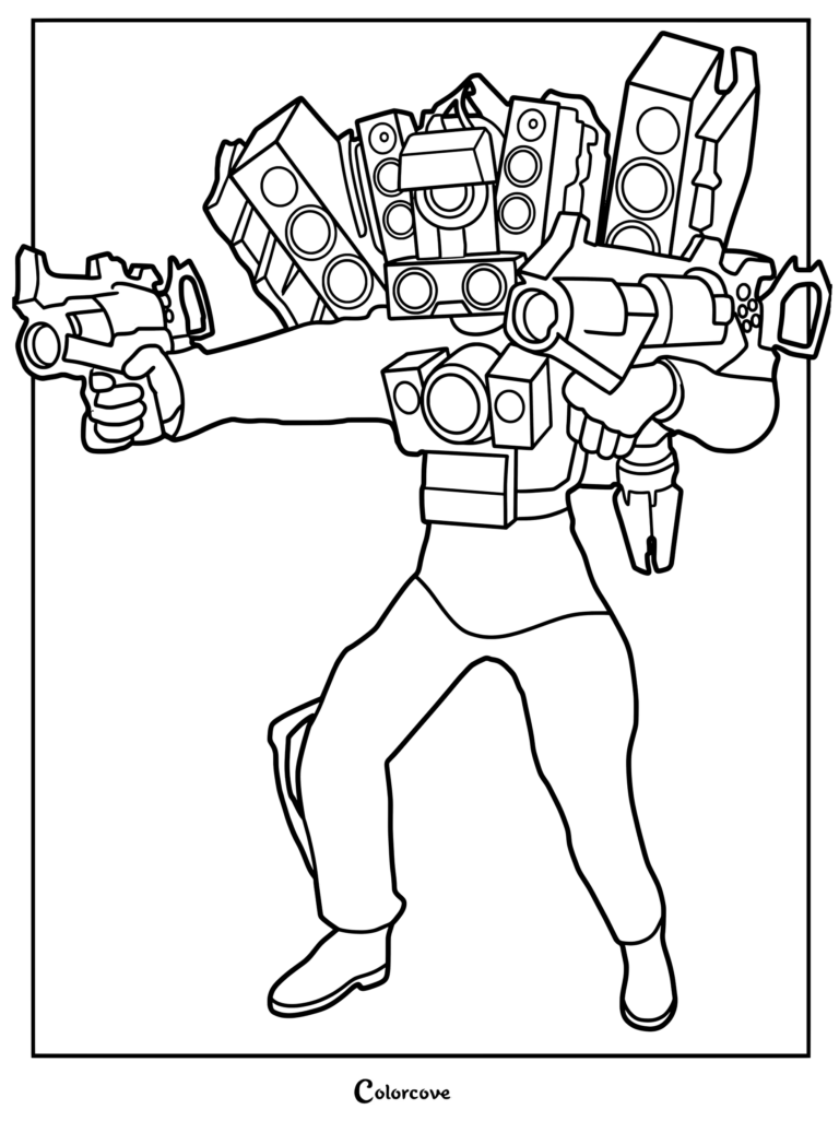 Infected Titan Speakerman holding blasters in a coloring page format with detailed speaker head and chest armor.