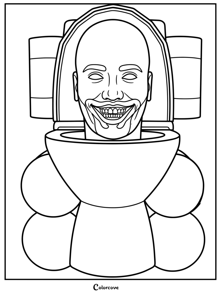 Large Acide Barrel Skibidi Toilet coloring page featuring a grinning character emerging from a toilet base with barrel attachments.