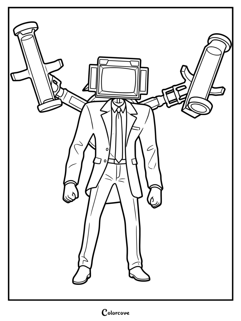 Large TV Man from Skibidi Toilet with dual shoulder-mounted cannons in a line art coloring page style.