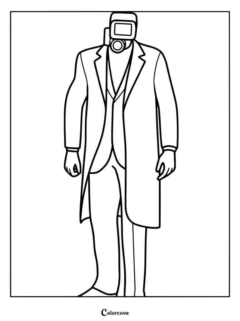 Lucky Cameraman from Skibidi Toilet wearing a suit and trench coat in a printable coloring page format.