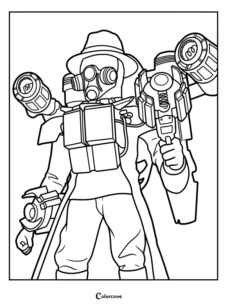 Mafia Skibidi Toilet character wearing a fedora and gas mask with mounted cannons in a printable coloring page format.