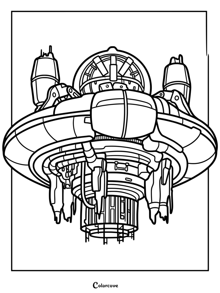 Detailed line art coloring page of the Mothership Astro Toilet from Skibidi Toilet featuring its massive saucer-shaped hull and mechanical underside components.