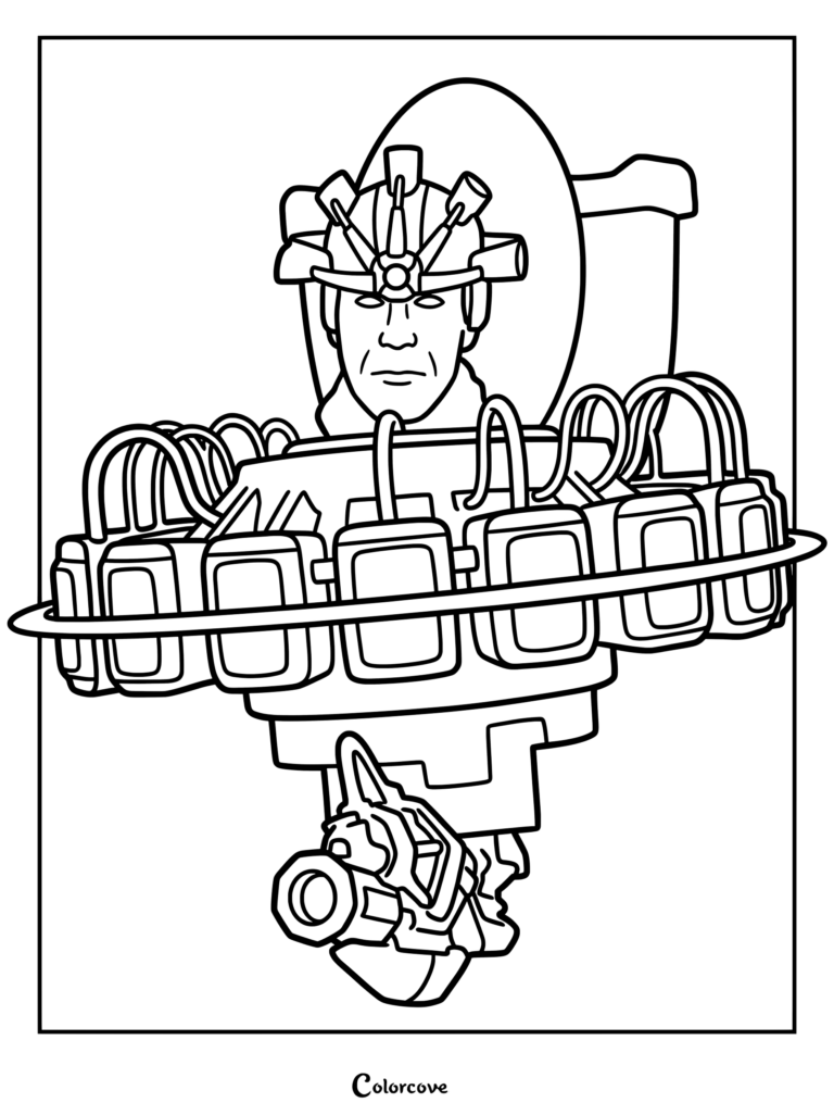 Assailant Astro Toilet with ring of blasters and head gear, detailed line art coloring page.