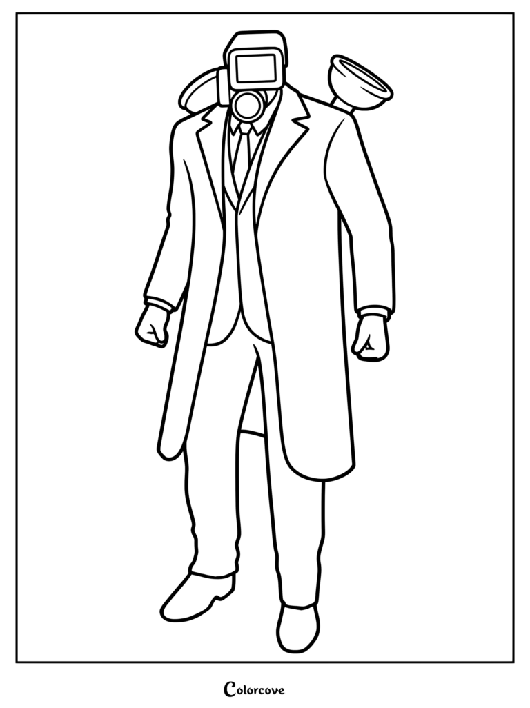 Plungerman from Skibidi Toilet wearing a suit and tie with a plunger on his back, printable coloring page.