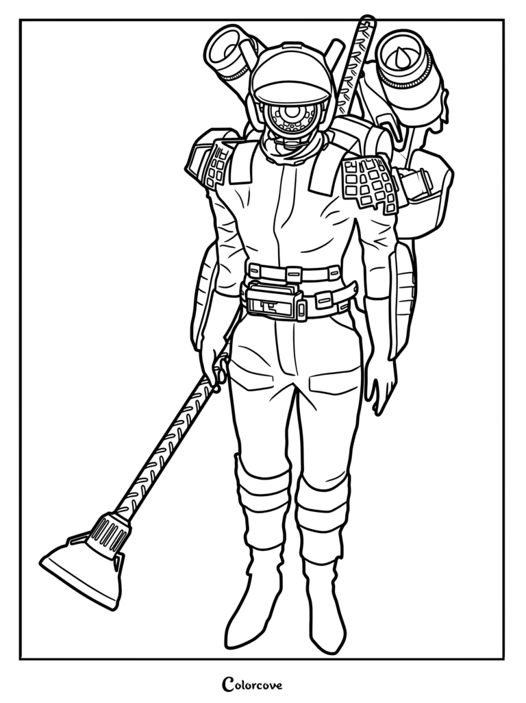 Plungerwoman from Skibidi Toilet holding a plunger with jetpack and katana, detailed line art coloring page.
