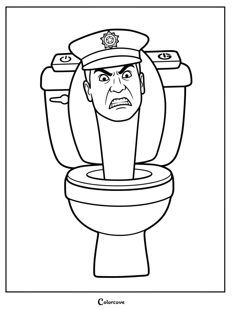 A printable coloring page featuring a Police Skibidi Toilet character wearing a police cap with a star badge.