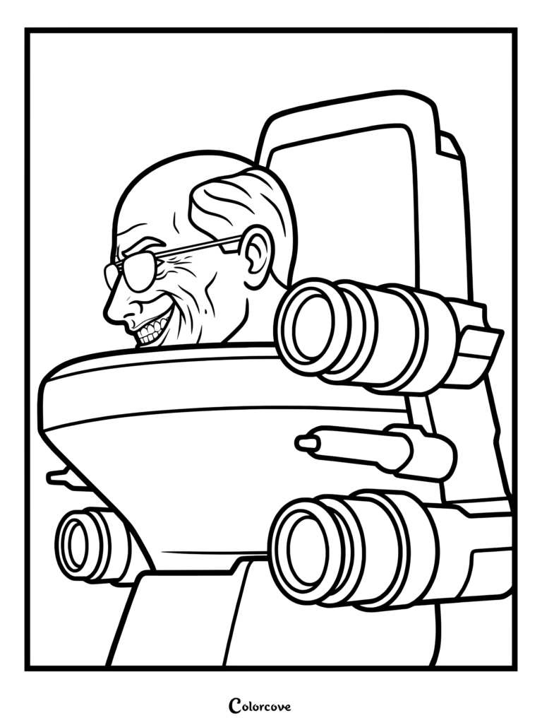 Quad Laser Chief Scientist Skibidi Toilet Mech coloring page featuring the character with glasses and a sinister grin mounted on a mechanical toilet base with four laser cannons.