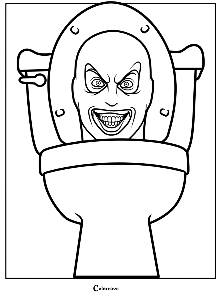 A printable coloring page featuring the Robber Toilet character from Skibidi Toilet with a mischievous grin.
