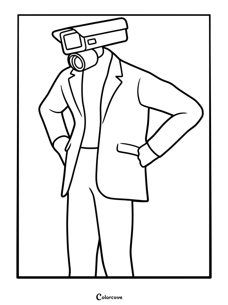 Scientist Cameraman 1337 from Skibidi Toilet standing with hands on hips in a suit, printable coloring page.