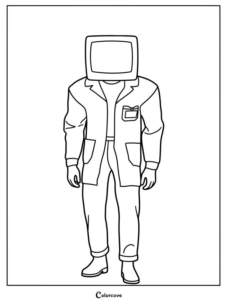 Scientist TV Man character from Skibidi Toilet wearing a lab coat and ID badge, presented as a printable coloring page.
