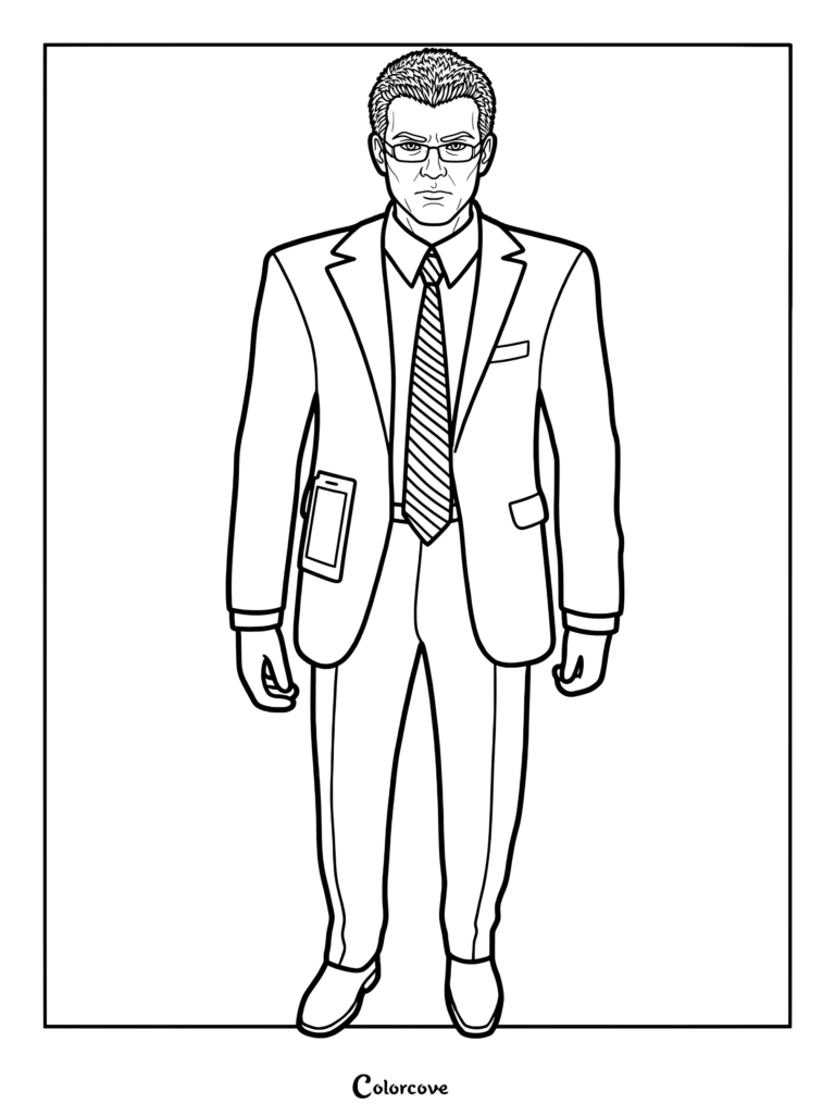 The Secret Agent from Skibidi Toilet wearing a suit and glasses, printable coloring page.