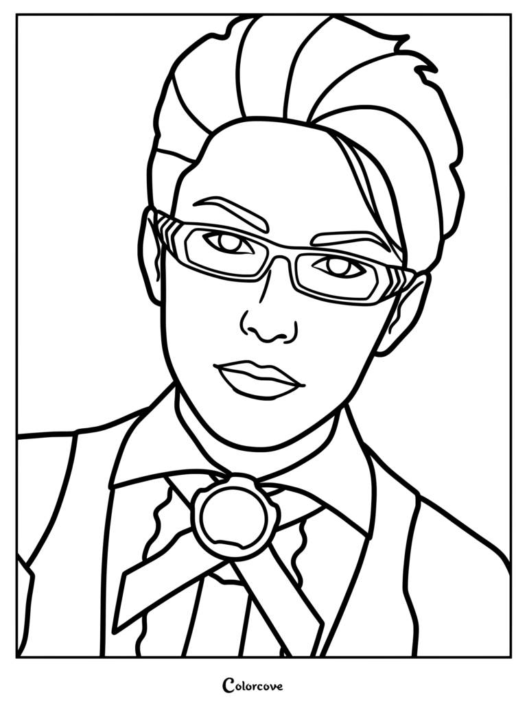 A detailed coloring page featuring a portrait of the Sightbender Agent wearing glasses and a formal necktie.