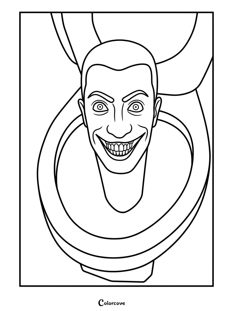 A printable Skibidi Toilet coloring page featuring the iconic character emerging from a porcelain toilet bowl with a wide, toothy grin.