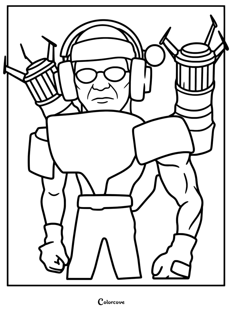 Berserker Skibidi Mutant character with dual shoulder-mounted cannons and headphones in a printable coloring page format.