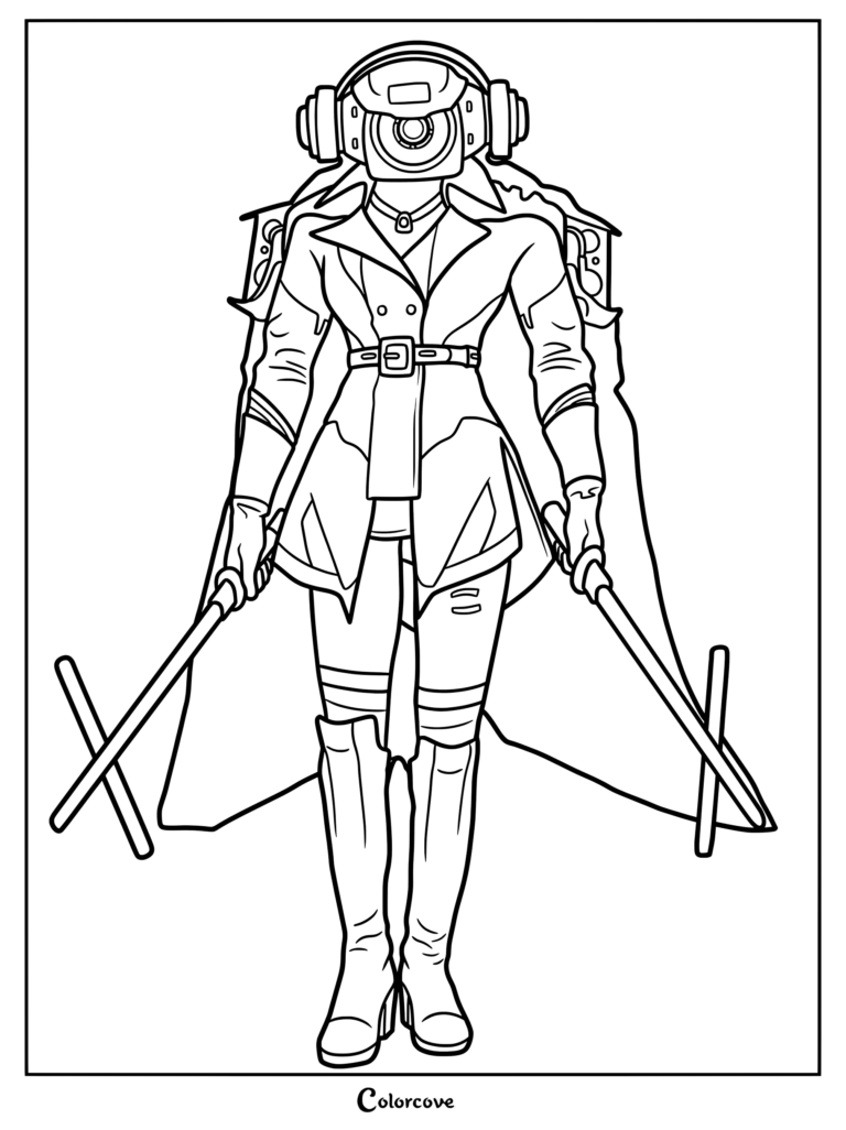 Speakerwoman from Skibidi Toilet wearing a trench coat and holding dual batons in this printable coloring page.