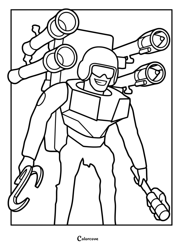 SWAT Skibidi Mutant character with rocket launchers and tactical gear coloring page