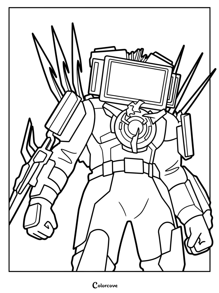 Titan TV Man with screen head and spiked armor in a detailed line art coloring page.