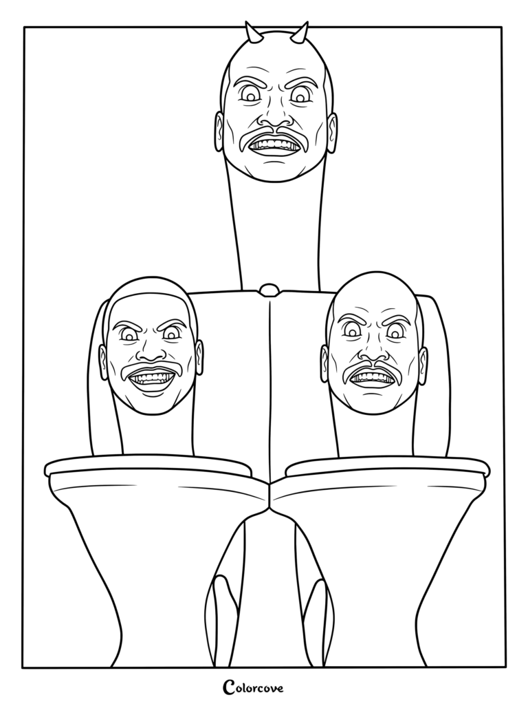A printable Triple Skibidi Toilet coloring page featuring three heads emerging from toilets with one central head having small horns.